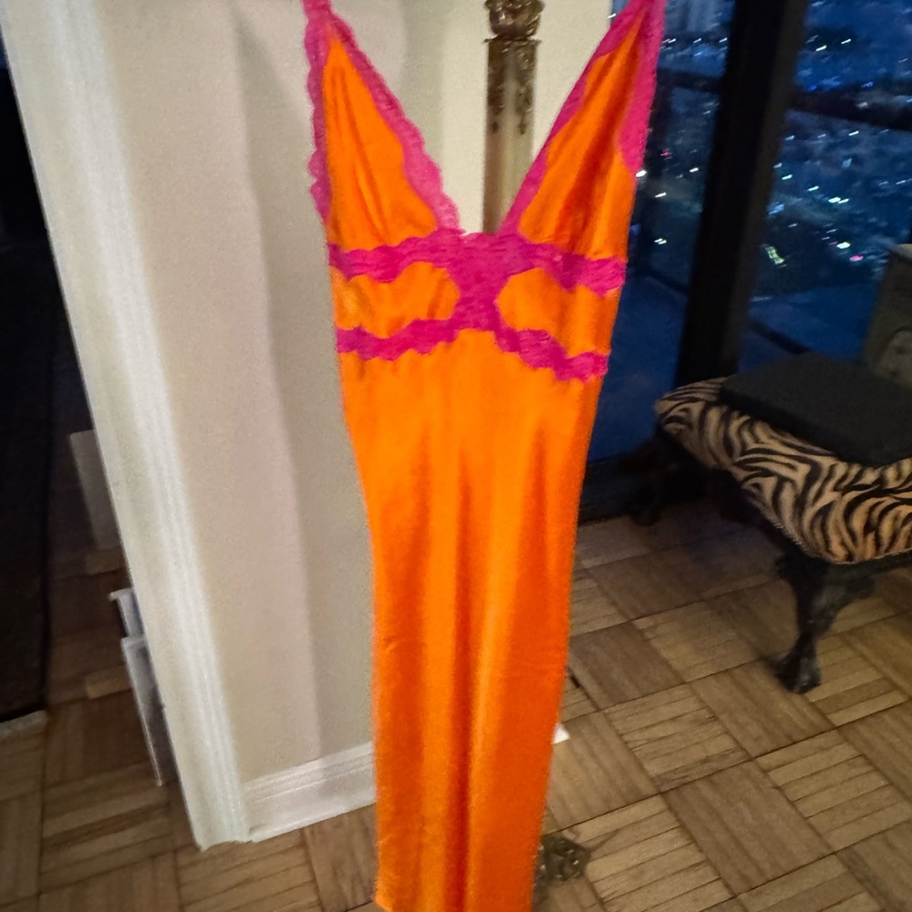 Cami NYC Vibrant Orange Chemise with Bold Pink Lace